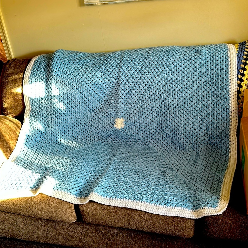 On of a kind hand crafted blue and white blanket brand new